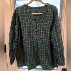 Talbots Women's Plus 2x Cotton Blue Green flannel plaid tunic blouse